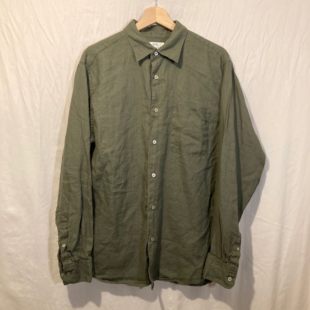 Uniqlo Mens Premium Linen Long Sleeve Button Up Shirt Olive Green Large 464932